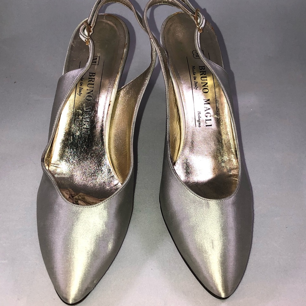 Bruno Magli silver satin slingback pumps
